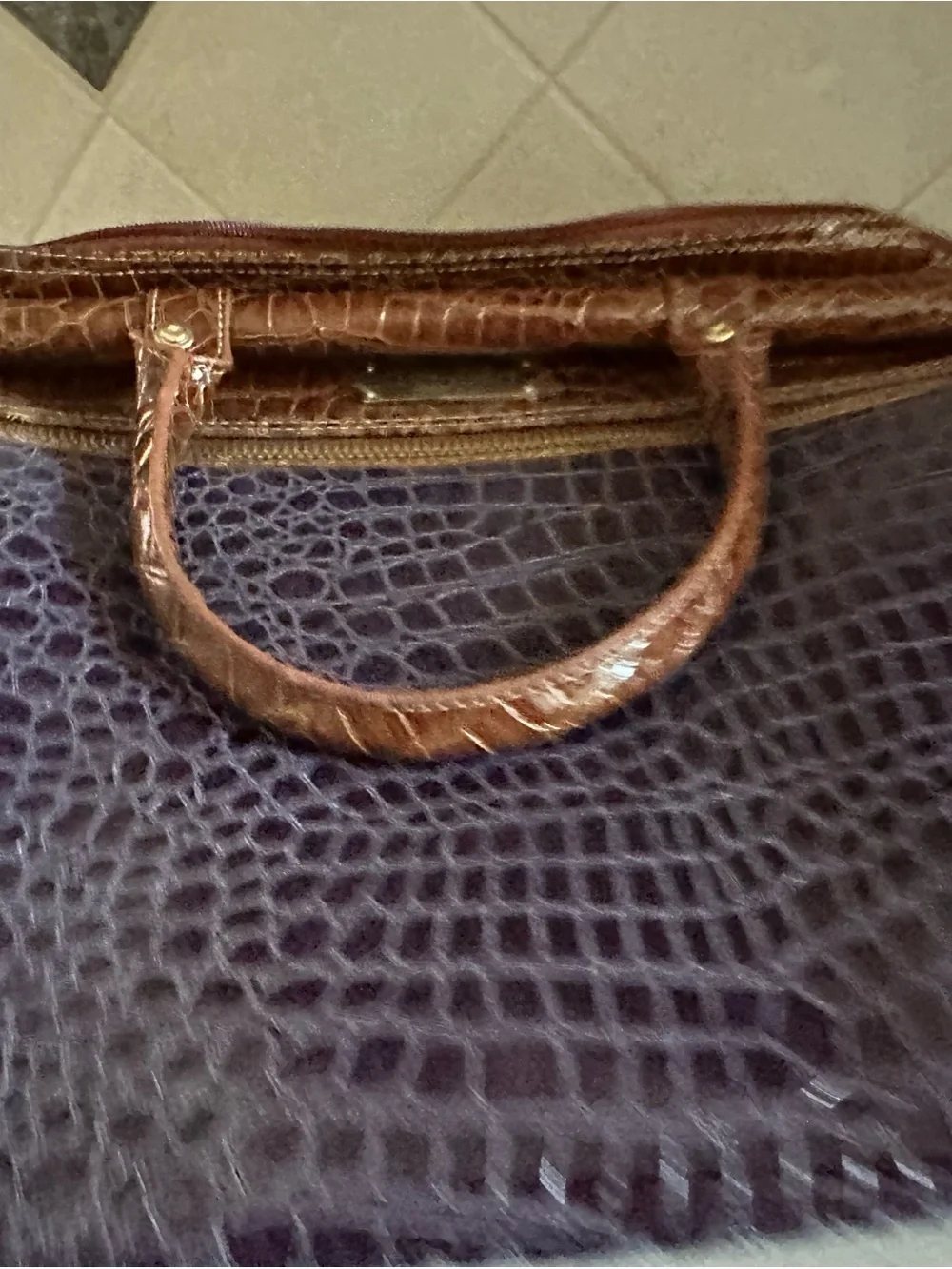 Croc-Embossed  Travel Tote in Dark Purple and Brown Trim by Samantha Brown